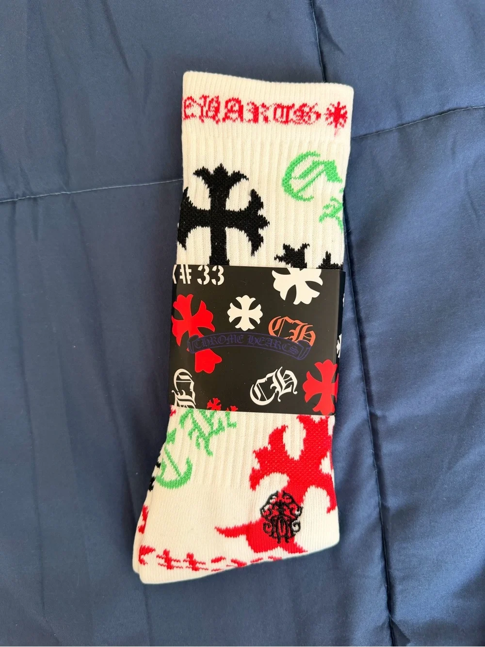 White chrome heart Socks with Red, Black & Green Cross Motif